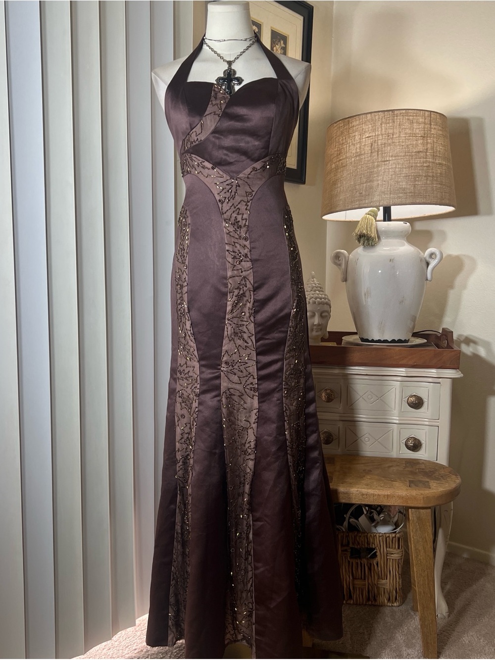 Sue Wong Elegant Chocolate Brown Halter Evening Gown